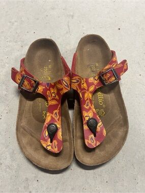 Birkenstock-style Red Floral Gizeh Thong Sandals